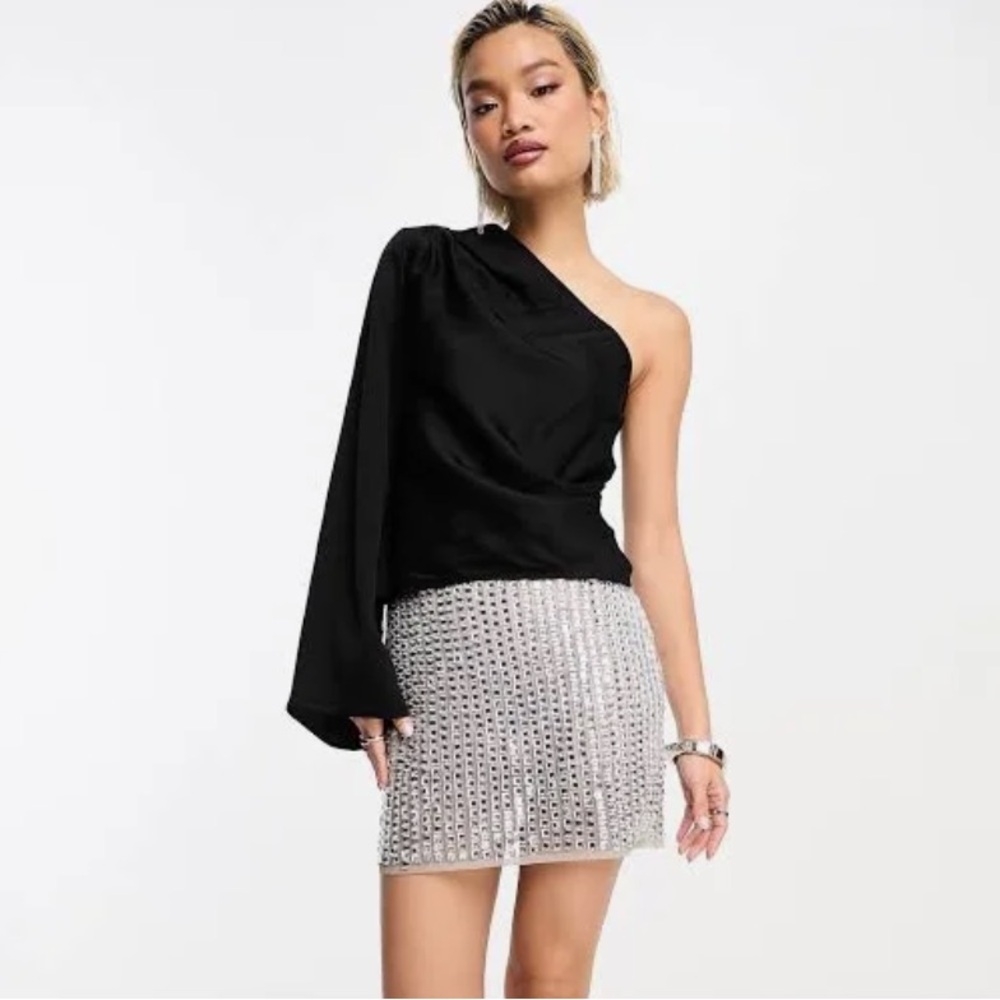 & Other Stories One Shoulder Draped Satin Top - BLACK - SIZE 6